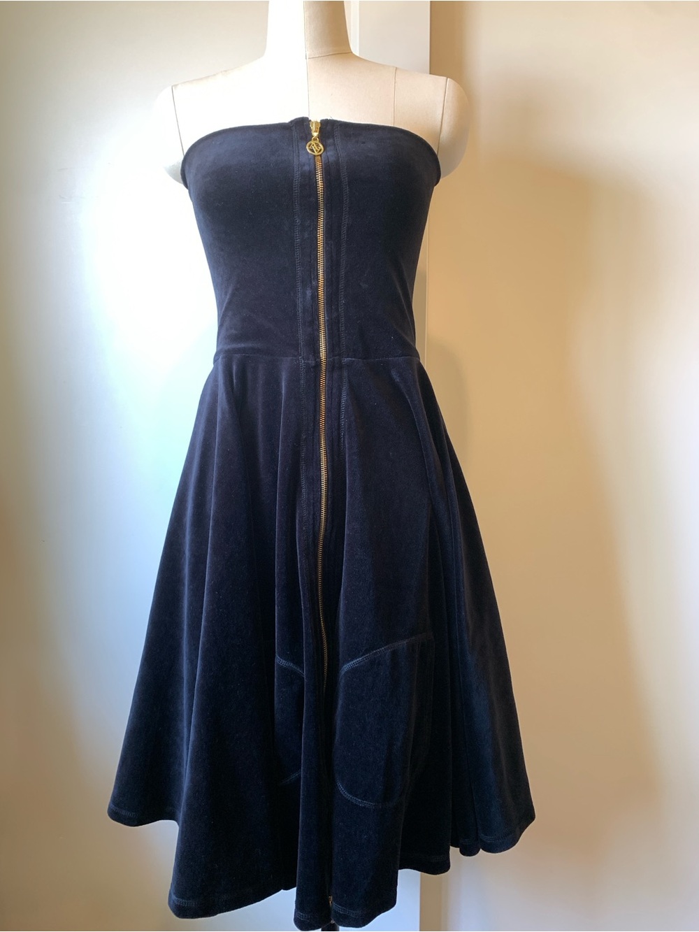 Adrienne Vittadini Strapless Black Velvet Dress with Gold Zip